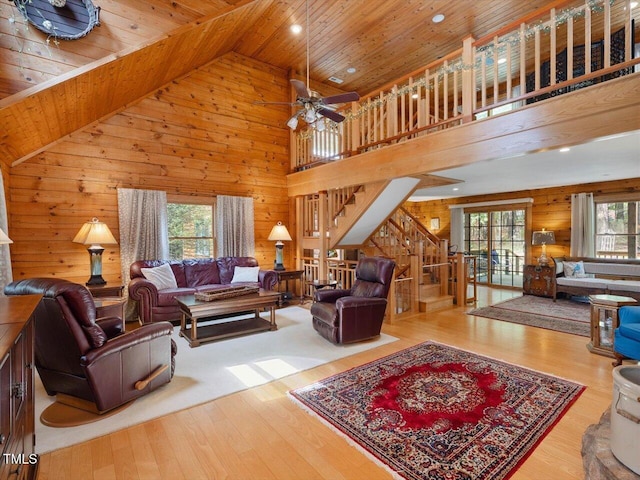 3009 Pleasant Hill Church Rd, Siler City, NC 27344 - living room with wooden ceiling, wooden walls, stairs, wood finished floors, and high vaulted ceiling