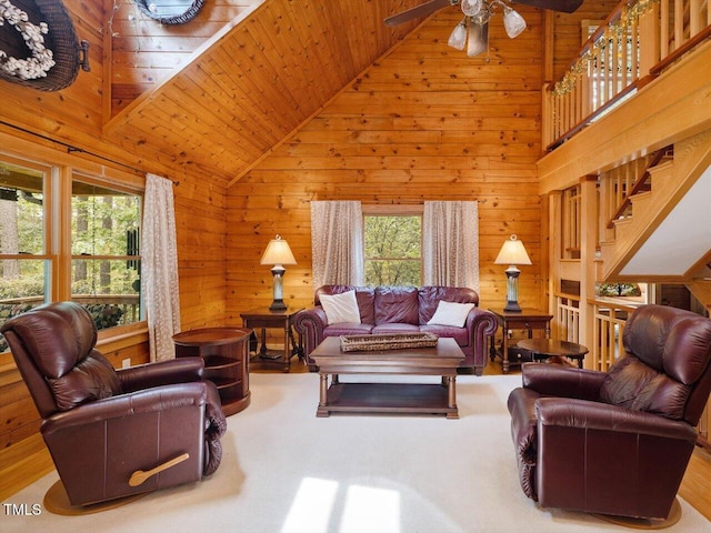 3009 Pleasant Hill Church Rd, Siler City, NC 27344 - living room with healthy amount of natural light, ceiling fan, wooden walls, high vaulted ceiling, and wood ceiling