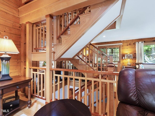 3009 Pleasant Hill Church Rd, Siler City, NC 27344 - stairs featuring wooden walls and wood finished floors