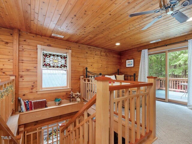 3009 Pleasant Hill Church Rd, Siler City, NC 27344 - interior space with a ceiling fan, carpet, wooden ceiling, wood walls, and recessed lighting