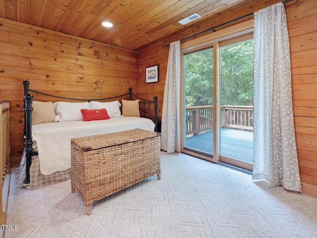 3009 Pleasant Hill Church Rd, Siler City, NC 27344 - bedroom featuring access to exterior, wooden walls, carpet, wooden ceiling, and recessed lighting