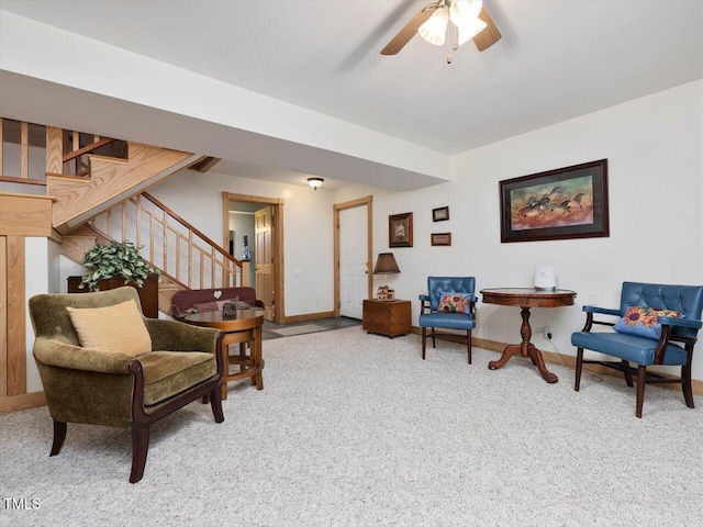 3009 Pleasant Hill Church Rd, Siler City, NC 27344 - living area featuring carpet floors, stairway, baseboards, and a ceiling fan