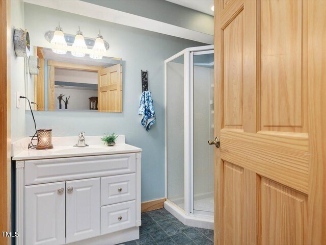 3009 Pleasant Hill Church Rd, Siler City, NC 27344 - bathroom with a stall shower, vanity, and tile patterned floors