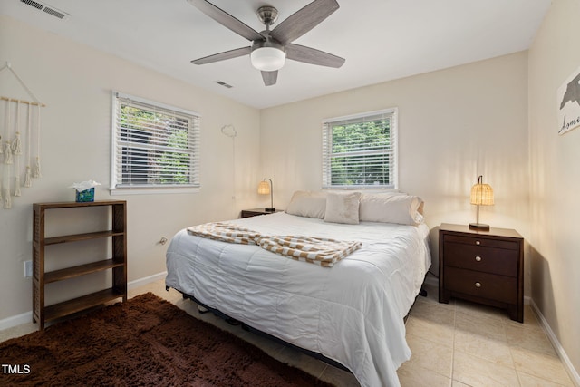 bedroom featuring visible vents, baseboards, and multiple windows