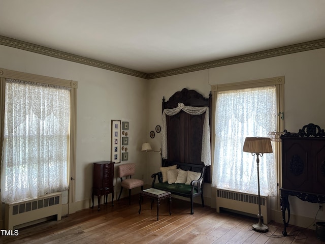 living area featuring radiator and light wood-type flooring