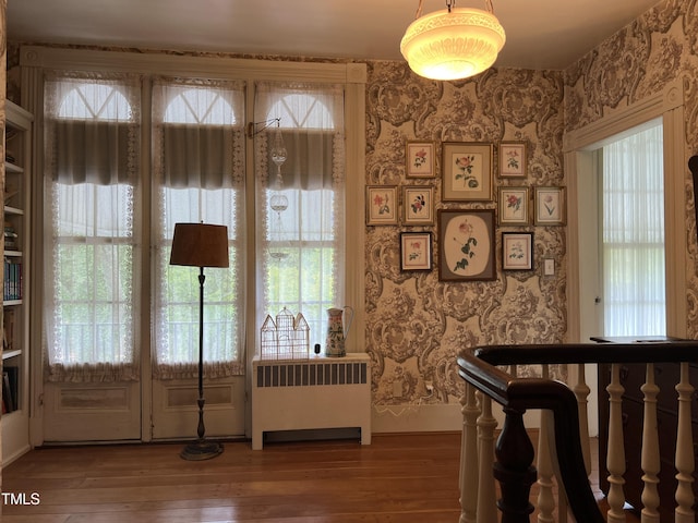 entryway featuring radiator, a healthy amount of sunlight, and hardwood / wood-style flooring