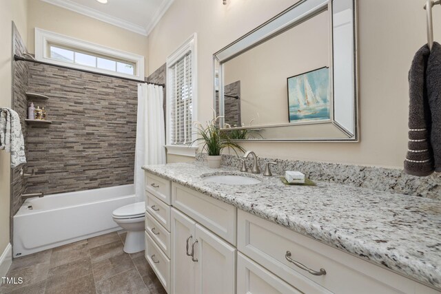 full bath featuring ornamental molding, vanity, toilet, and shower / bath combo with shower curtain