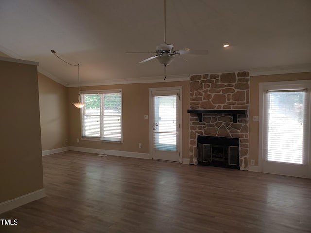 725 Van Thomas Dr, Raleigh, NC 27615 - unfurnished living room featuring crown molding, a fireplace, ceiling fan, wood finished floors, and baseboards
