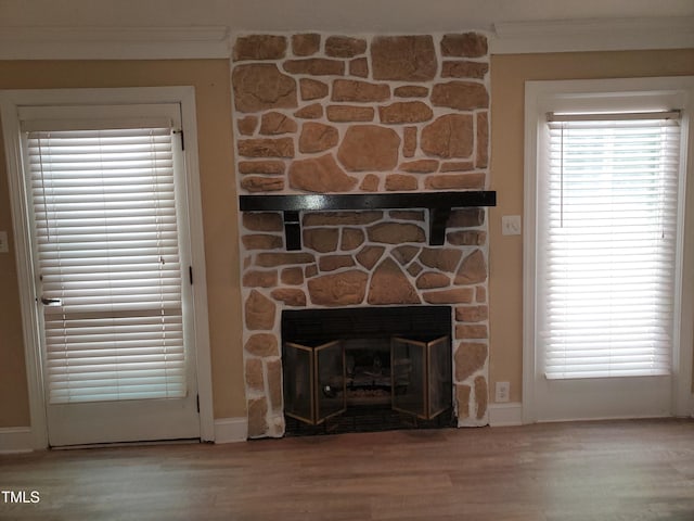 725 Van Thomas Dr, Raleigh, NC 27615 - detailed view of wood finished floors, ornamental molding, a stone fireplace, and baseboards