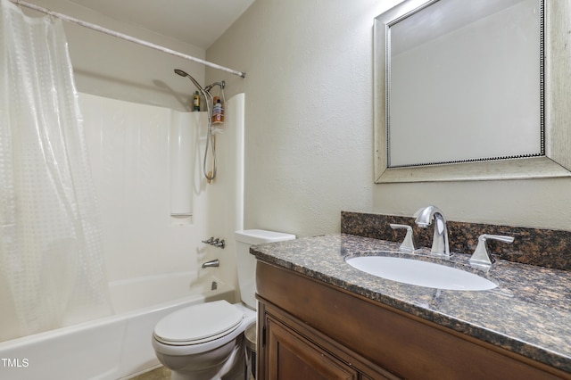 full bathroom with vanity, shower / bathtub combination with curtain, and toilet