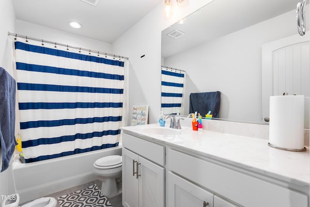 full bath featuring recessed lighting, vanity, toilet, visible vents, and tile patterned flooring