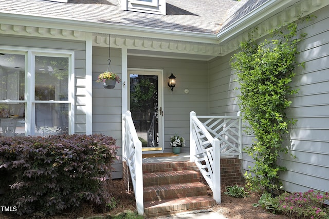 view of exterior entry featuring roof with shingles and a porch