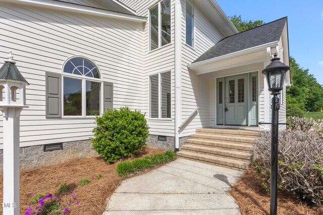 1925 W Lake Dr, Burlington, NC 27215 - entrance to property with a shingled roof and crawl space