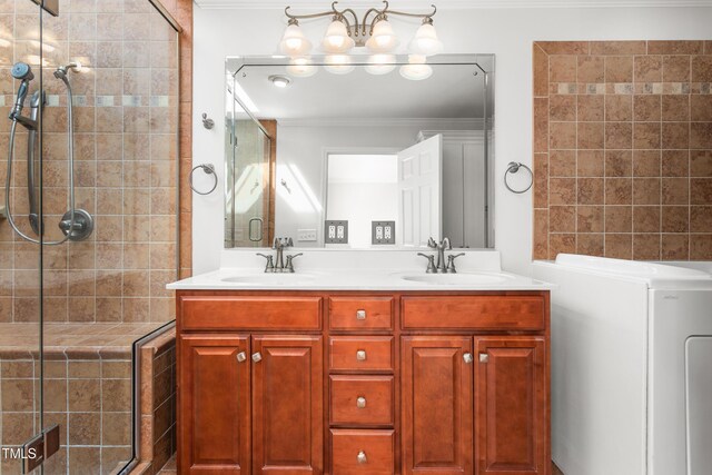 1925 W Lake Dr, Burlington, NC 27215 - bathroom with ornamental molding, a shower stall, double vanity, and a sink