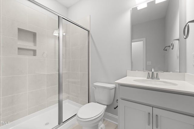 full bath with a stall shower, toilet, and vanity