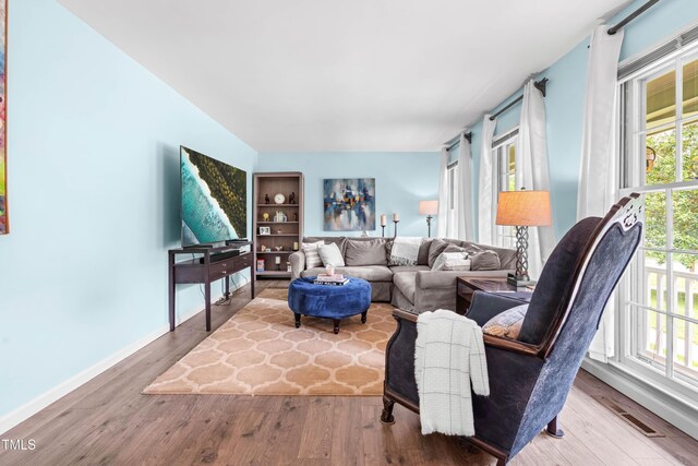 149 Baldwin Dr, Durham, NC 27712 - living area featuring baseboards, visible vents, wood finished floors, and a wealth of natural light