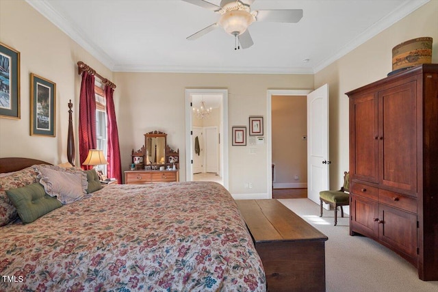 1317 Colonial Club Rd, Wake Forest, NC 27587 - bedroom featuring ceiling fan with notable chandelier, light carpet, baseboards, and ornamental molding
