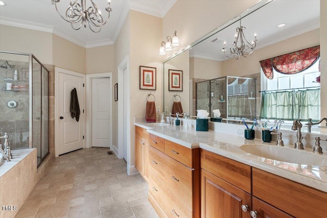 1317 Colonial Club Rd, Wake Forest, NC 27587 - bathroom featuring a chandelier, a stall shower, and a sink