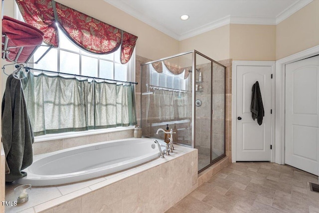 1317 Colonial Club Rd, Wake Forest, NC 27587 - bathroom featuring a garden tub, visible vents, a shower stall, and crown molding