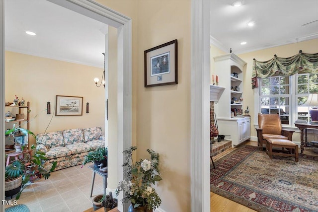 1317 Colonial Club Rd, Wake Forest, NC 27587 - corridor with an inviting chandelier, recessed lighting, and crown molding