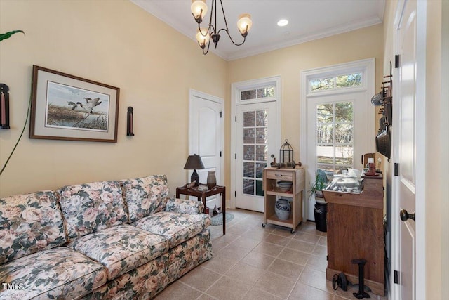 1317 Colonial Club Rd, Wake Forest, NC 27587 - living area featuring tile patterned floors, a chandelier, and crown molding