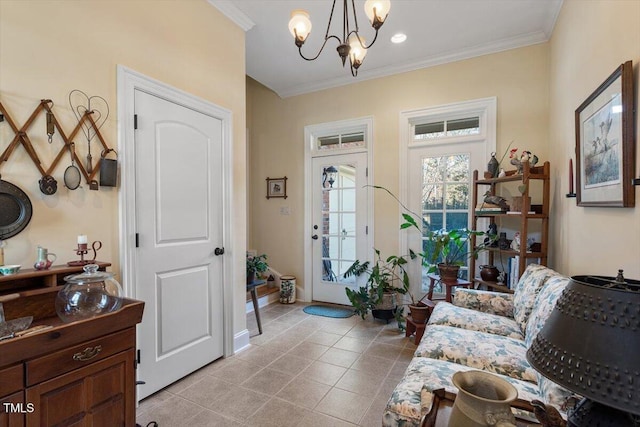 1317 Colonial Club Rd, Wake Forest, NC 27587 - living area with a chandelier, baseboards, light tile patterned flooring, and crown molding