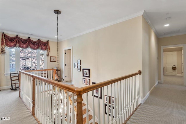 1317 Colonial Club Rd, Wake Forest, NC 27587 - hall with light carpet, crown molding, and an upstairs landing
