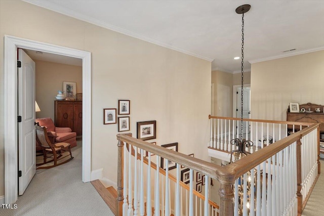 1317 Colonial Club Rd, Wake Forest, NC 27587 - hall featuring crown molding, an upstairs landing, light carpet, baseboards, and recessed lighting