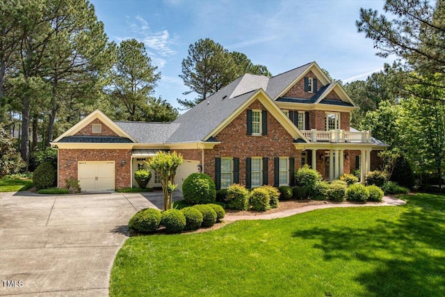 1317 Colonial Club Rd, Wake Forest, NC 27587 - craftsman-style home featuring a front lawn, driveway, a balcony, and brick siding