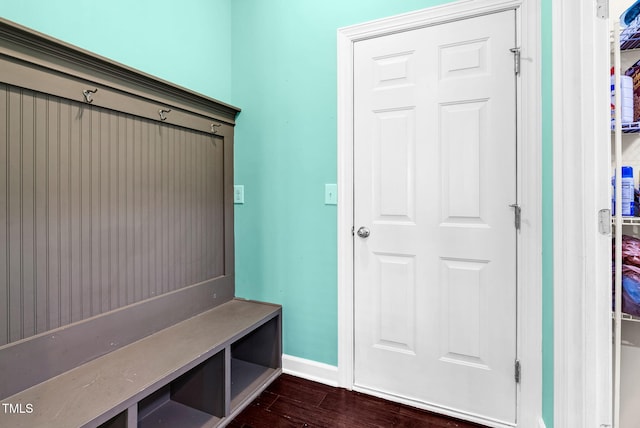 mudroom with baseboards and dark wood-style flooring