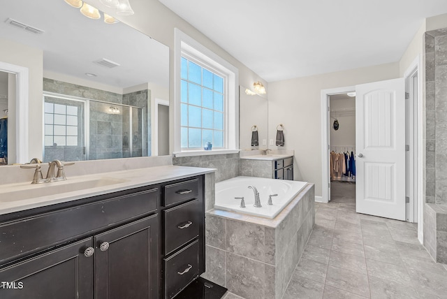 bathroom with visible vents, a healthy amount of sunlight, a stall shower, and a sink