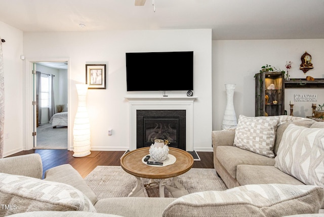 46 S Great White Way, Clayton, NC 27527 - living room featuring ceiling fan, baseboards, a glass covered fireplace, and wood finished floors