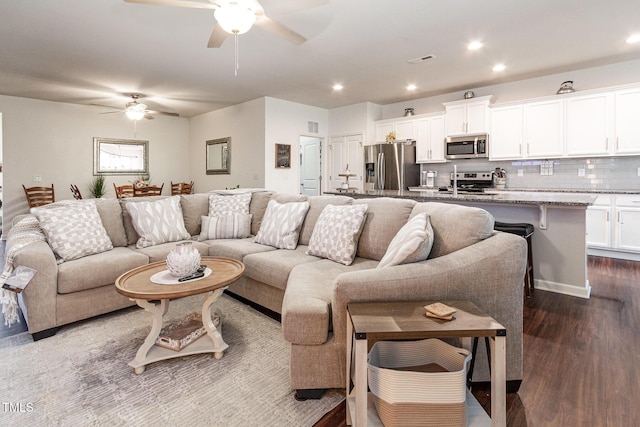 46 S Great White Way, Clayton, NC 27527 - living room with recessed lighting, dark wood-style flooring, ceiling fan, and visible vents