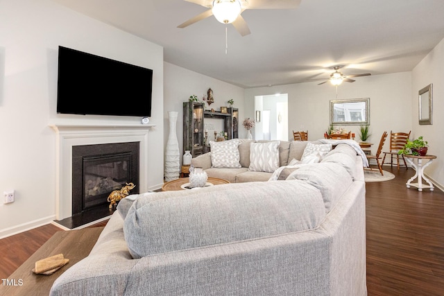 46 S Great White Way, Clayton, NC 27527 - living area with baseboards, a ceiling fan, a glass covered fireplace, and dark wood-type flooring