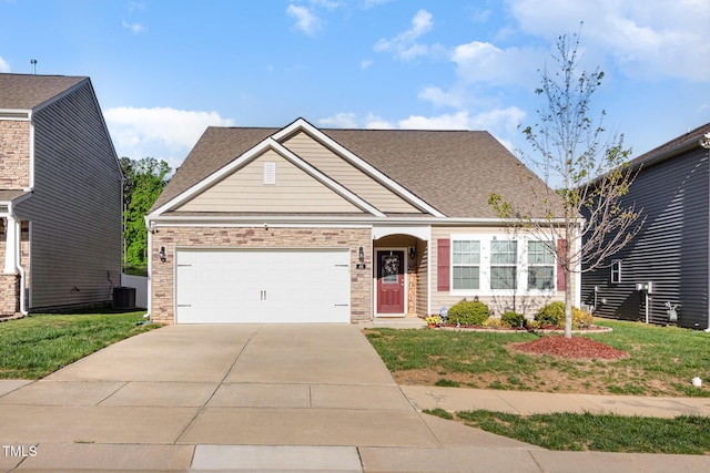 46 S Great White Way, Clayton, NC 27527 - view of front of property featuring a front lawn, central AC unit, driveway, stone siding, and a garage