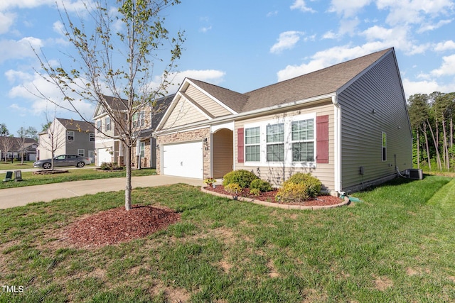 46 S Great White Way, Clayton, NC 27527 - view of front facade featuring a shingled roof, a front lawn, cooling unit, an attached garage, and driveway