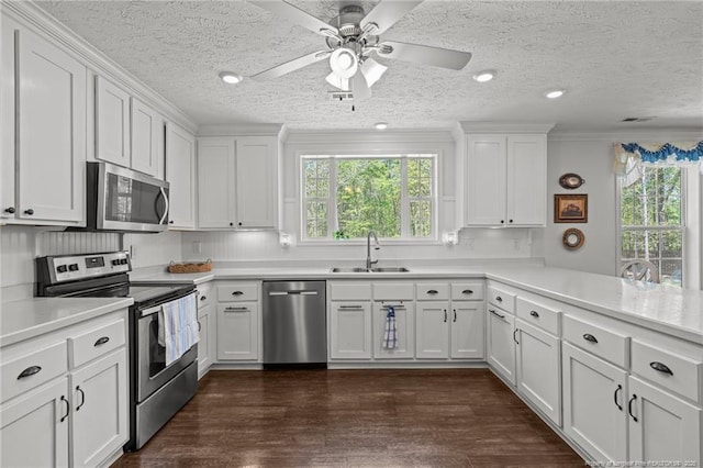 626 Bailey Rd, Coats, NC 27521 - kitchen featuring white cabinets, stainless steel appliances, a sink, dark wood-style flooring, and light countertops