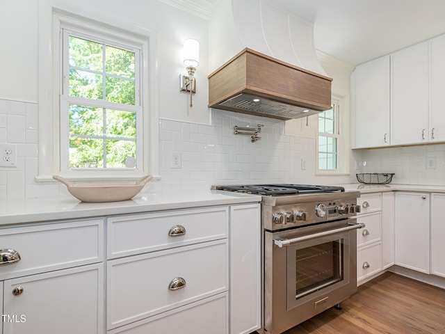 3009 Hillmer Dr, Raleigh, NC 27609 - kitchen featuring a healthy amount of sunlight, white cabinets, light countertops, stainless steel range, and custom exhaust hood