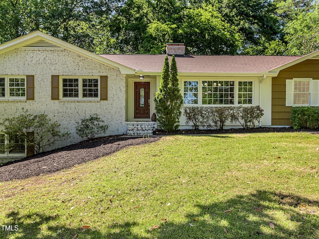 3009 Hillmer Dr, Raleigh, NC 27609 - ranch-style house featuring entry steps, a shingled roof, a chimney, and a front yard