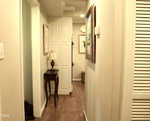 775 Sid Eaves Rd, Youngsville, NC 27596 - hall with baseboards, ornamental molding, and dark wood-style flooring