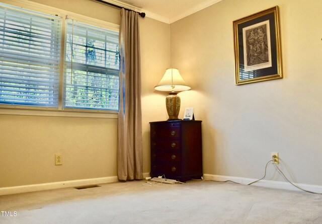 775 Sid Eaves Rd, Youngsville, NC 27596 - interior space featuring carpet floors, visible vents, crown molding, and baseboards