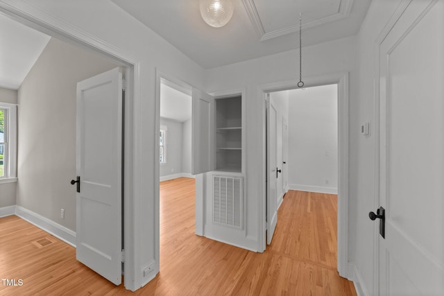 207 N Aiken St, Fuquay Varina, NC 27526 - hall featuring visible vents, attic access, light wood finished floors, and baseboards