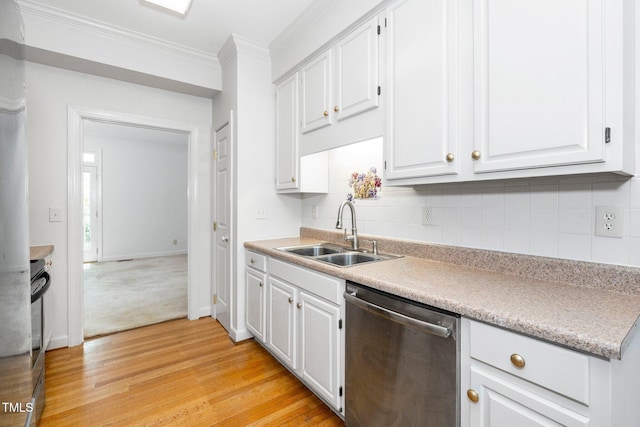 6000 Tenter Banks Sq, Raleigh, NC 27609 - kitchen with stainless steel dishwasher, ornamental molding, light countertops, white cabinets, and a sink