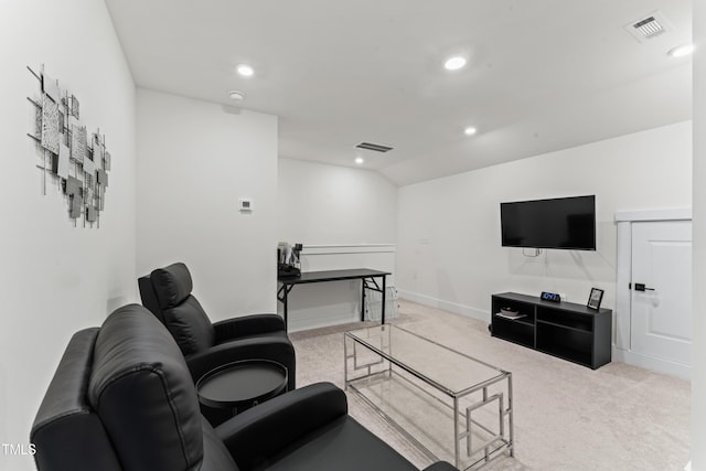 living room featuring carpet, vaulted ceiling, recessed lighting, and baseboards