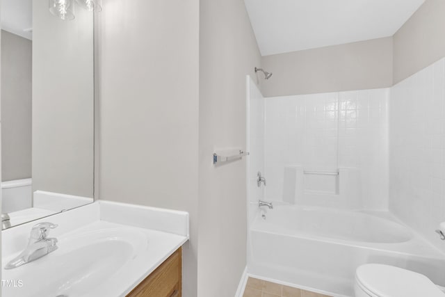 2705 Wyntercrest Ln, Durham, NC 27713 - bathroom with vanity, tile patterned flooring, shower / bathtub combination, toilet, and baseboards