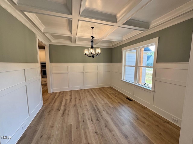 27 Batten Hill Ln, Selma, NC 27576 - unfurnished dining area with a decorative wall, a chandelier, coffered ceiling, beamed ceiling, and light wood finished floors