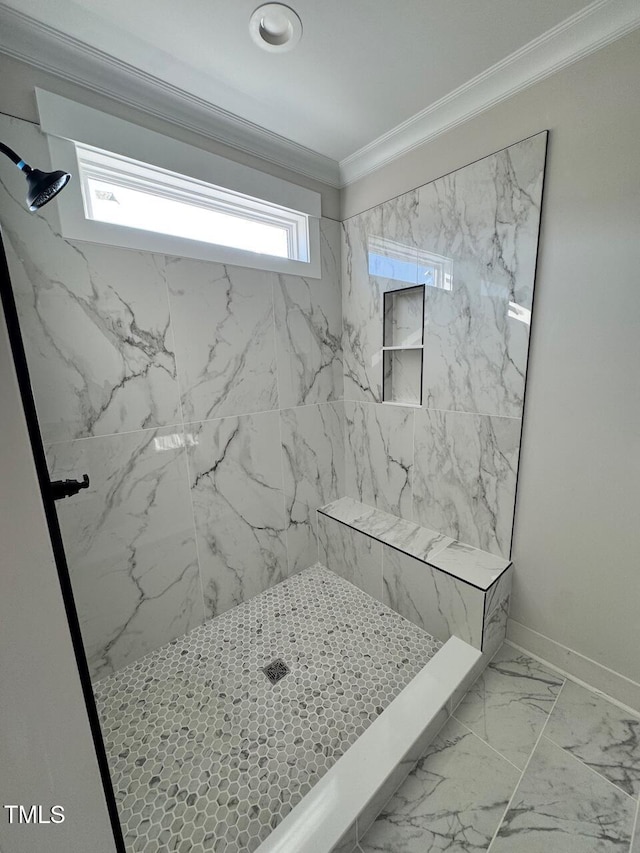27 Batten Hill Ln, Selma, NC 27576 - bathroom featuring ornamental molding, a marble finish shower, and marble look tiles
