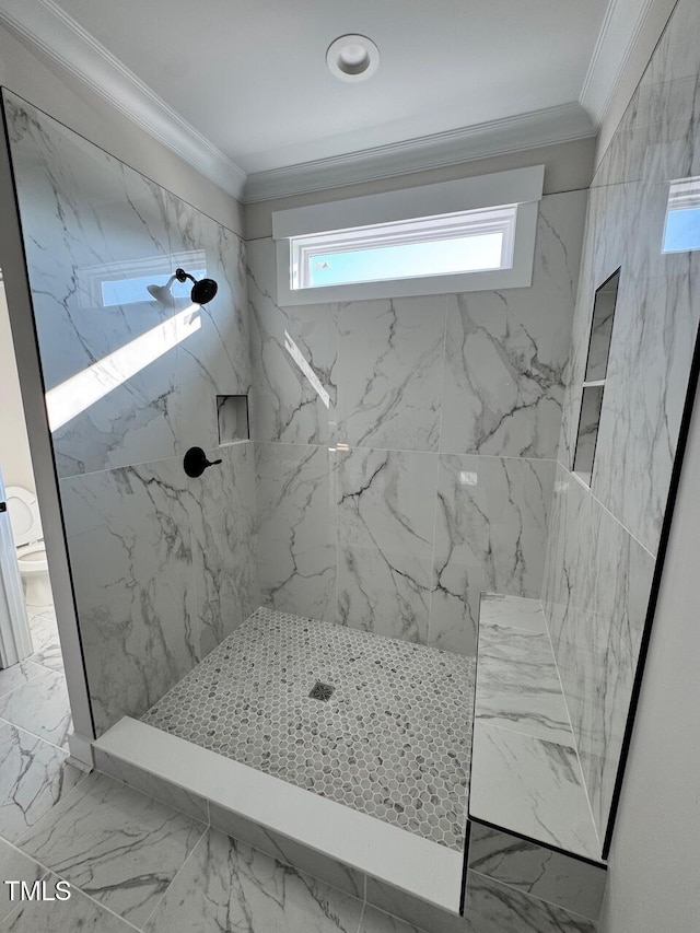 27 Batten Hill Ln, Selma, NC 27576 - bathroom featuring crown molding, a marble finish shower, and marble finish floors