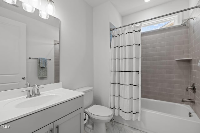 bathroom featuring vanity, shower / tub combo with curtain, marble finish floor, visible vents, and toilet