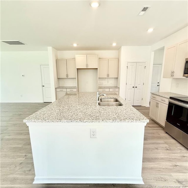 132 Cahill, Home, Raeford, NC 28376 - kitchen with stainless steel appliances, light wood-type flooring, a center island with sink, a sink, and recessed lighting